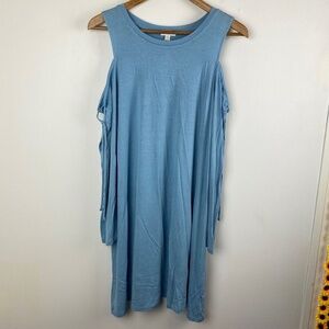 Charming Charlie NWT Cold Shoulder Knit Swing Dress Size Medium Blue Mini Fringe